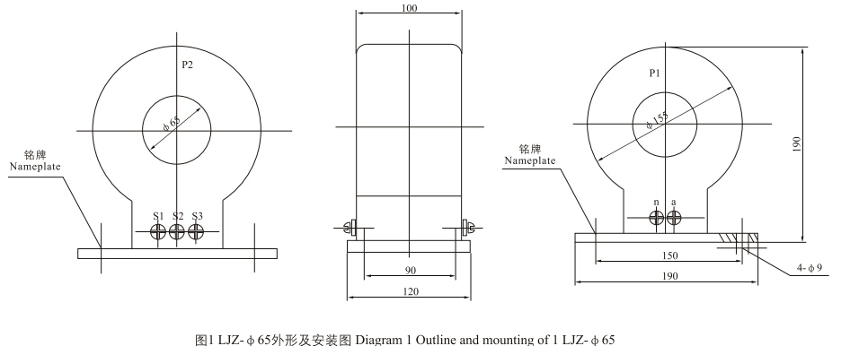 LJZ-Φ65、Φ75、Φ110、Φ150零序电流互感器外形及尺寸图