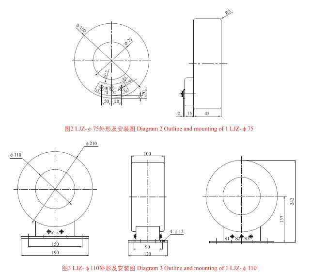 LJZ-Φ65、Φ75、Φ110、Φ150零序电流互感器外形及安装尺寸