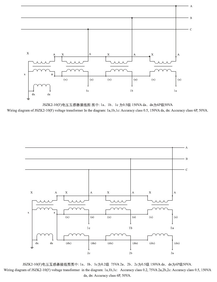 JSZK2-6、10(F)抗铁磁谐振三相电压互感器接线图