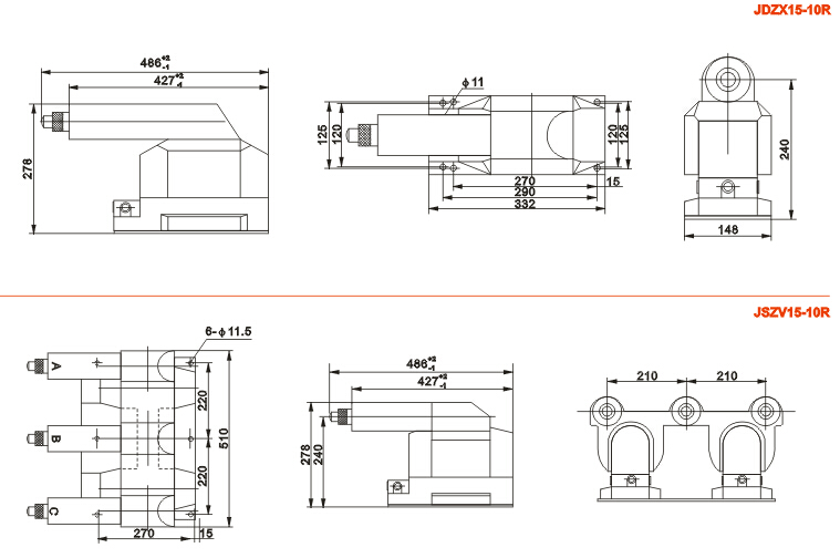 JDZX15-10R,JSZV15-10R系列电压互感器接线图外形尺寸