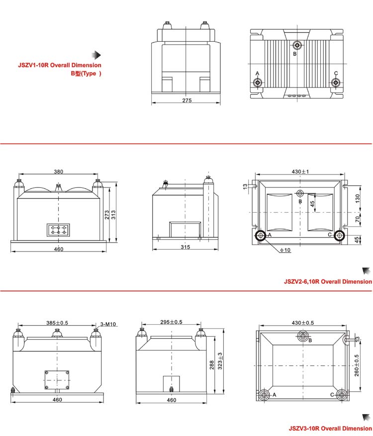 JSZV1-10R、JSZV2-6、10R、JSZV3-3、6、10R电压互感器外形尺寸